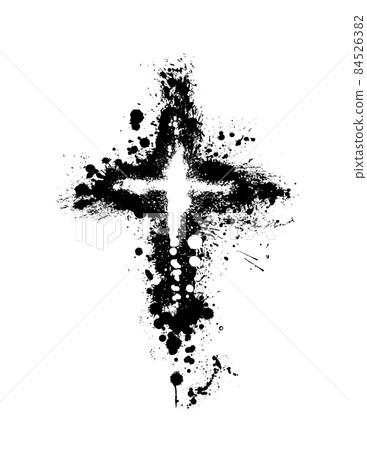 Hand drawn black grunge cross icon, simple Christian cross sign, hand-painted cross symbol created with real ink brush isolated on white background. 84526382