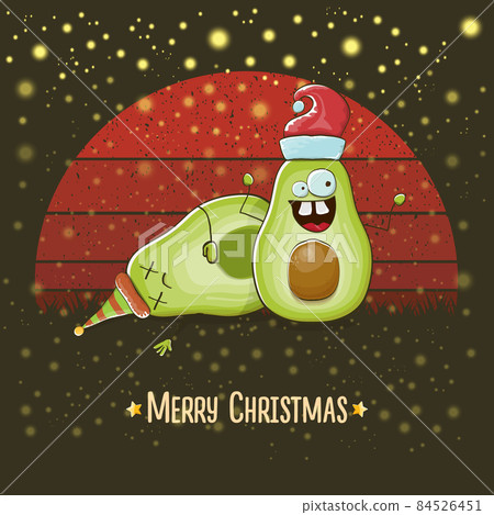 Merry chirstmas vector funky greeting card with santa claus avocado character and his crazy friend isolated on vintage red background with sun. Vector funny christmas party poster design template 84526451