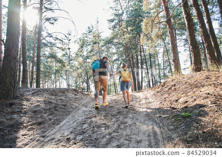 Father walking with daughter on path in forest 84529034