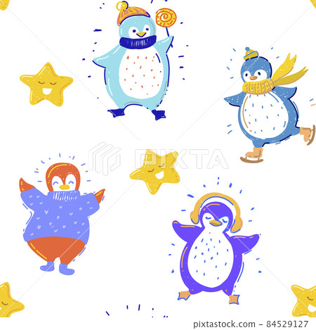 Cute penguins collection in winter clothes with candy, earphones and skiing, cute star. Seamless pattern on white 84529127