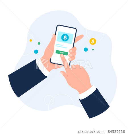 Buying bitcoin in the mobile app. Financial operation with cryptocurrency. Vector flat illustration isolated on the white background. Buying bitcoin in the mobile app. Financial operation with cryptocurrency. Vector flat illustration isolated on the white background. 84529238