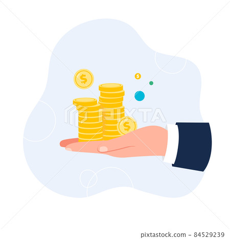 Hand holds stacks of coins. Vector flat illustration isolated on the white background. Hand holds stacks of coins. Vector flat illustration isolated on the white background. 84529239