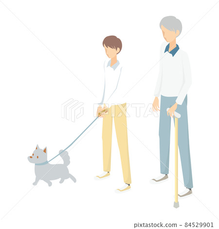 Grandfather and grandson take a walk with their pet dog 84529901