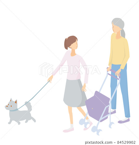 Grandmother and grandchildren taking a walk with their pet dog 84529902