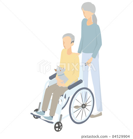 推輪椅的老年婦女和乘坐輪椅的老年男子和寵物狗等距 84529904