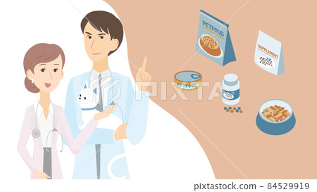Male and female veterinarians giving advice on cat health and diet Male and female veterinarians giving advice on cat health and diet 84529919