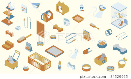 Isometric illustrations of dog and cat goods such as crates and discipline goods 84529925