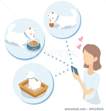 Isometric illustration of a woman checking the state of her dog on a smartphone through a camera installed at home 84529928