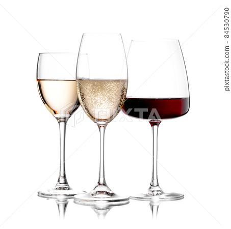 White wine, champagne and red wine glasses White wine, champagne and red wine glasses 84530790