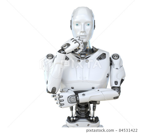 Human like a robot in a pensive posture Human like a robot in a pensive posture 84531422