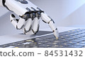 White robot cyborg hand pressing a keyboard on a laptop 84531432