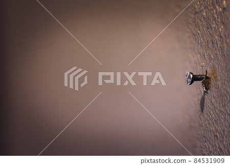 Macro of a single nail protruding from painted drywall in a residential house 84531909