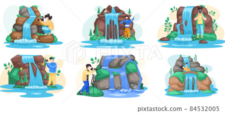 Waterfall in mountaines natural landscape in park. Photographer photographing water flow falls down mountain 84532005