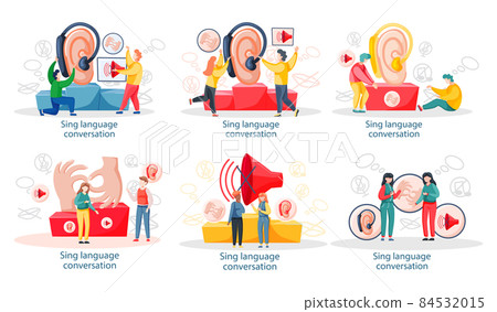 Learning languages online scenes set. Webinar, sign language teaching group education via internet 84532015
