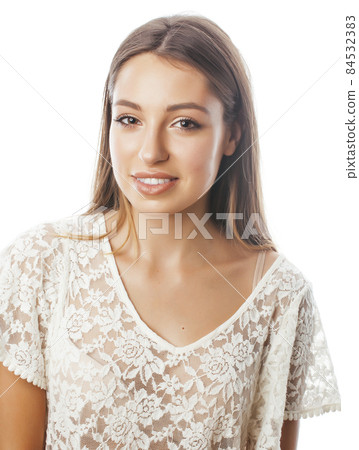 young pretty blonde hair woman happy smiling isolated on white background, lifestyle people concept young pretty blonde hair woman happy smiling isolated on white background, lifestyle people concept 84532383