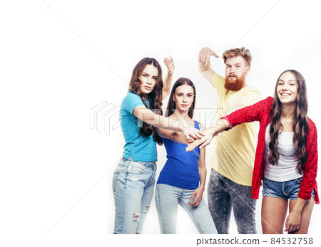 company of hipster guys, bearded red hair boy and girls students having fun together friends, diverse fashion style, lifestyle people concept isolated on white background 84532758