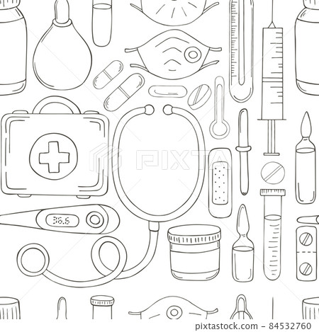 Monochrome medical seamless pattern. Coloring pages, black and white Monochrome medical seamless pattern. Coloring pages, black and white 84532760