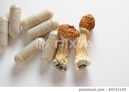 Micro dosing concept. Dry psilocybin mushrooms and herbal pills on ivory background 84533149