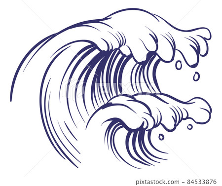 Ocean wave in hand drawn style. Blue pen ink sketch Ocean wave in hand drawn style. Blue pen ink sketch 84533876