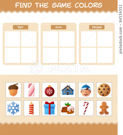 Find the same colors of christmas. Searching and Matching game. Educational game for pre shool years kids and toddlers Find the same colors of christmas. Searching and Matching game. Educational game for pre shool years kids and toddlers 84534351