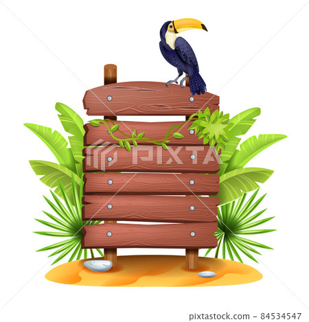 Jungle wooden sign board, vector tropical forest game menu panel frame, exotic leaf toucan liana. Jungle wooden sign board, vector tropical forest game menu panel frame, exotic leaf toucan liana. 84534547
