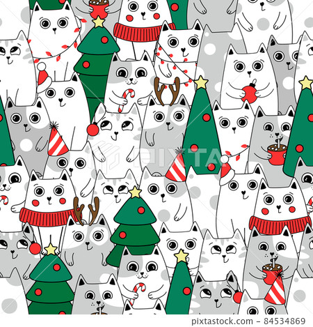 Christmas Seamless pattern background cute kittens in snow for winter. Doodle style Christmas Seamless pattern background cute kittens in snow for winter. Doodle style 84534869