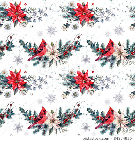Watercolor Christmas Floral Seamless Pattern... - Stock Illustration ...