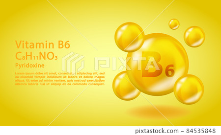 3D Vitamin molecule B6 Pyridoxine design. Realistic B6 Pyridoxine Vitamin drop. Yellow nutrition complex illustration. 84535848