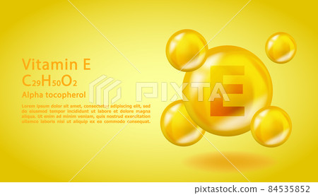 3D Vitamin molecule E Tocotrienol design. Realistic E Tocotrienol Vitamin drop. Yellow nutrition complex illustration. 3D Vitamin molecule E Tocotrienol design. Realistic E Tocotrienol Vitamin drop. Yellow nutrition complex illustration. 84535852
