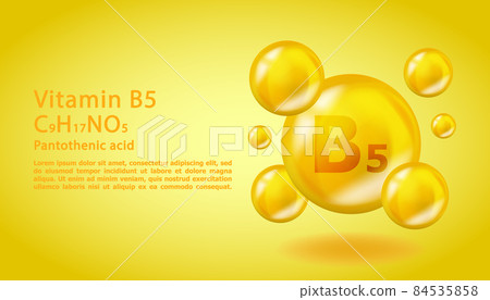 3D Vitamin molecule B5 Pantothenic design. Realistic B5 Pantothenic Vitamin drop. Yellow nutrition complex illustration. 84535858