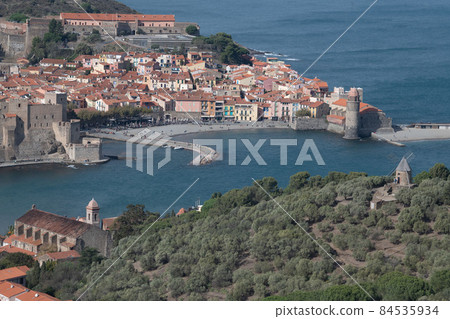 The amazing aerial view over Collioure from Fort Saint Elme surrounded by vineyards, Vermeille coast The amazing aerial view over Collioure from Fort Saint Elme surrounded by vineyards, Vermeille coast 84535934