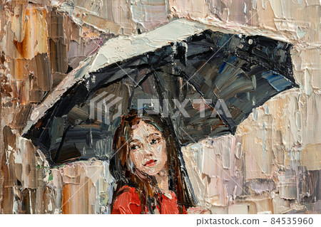 .Girl in the rain with an umbrella in her hands. 84535960