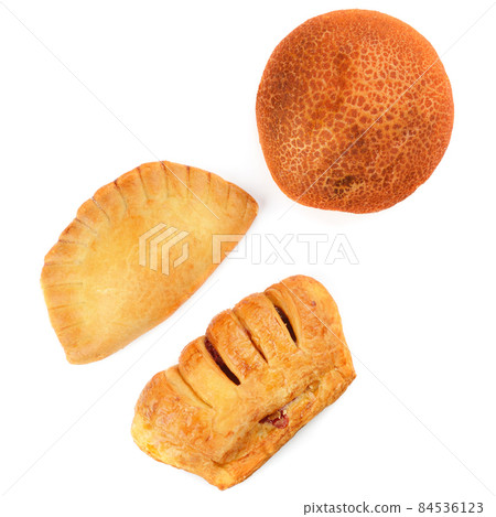 Bread and sweet pastries isolated on white. View from above. Bread and sweet pastries isolated on white. View from above. 84536123