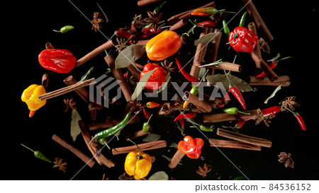 Freeze motion of flying various kinds of spices Freeze motion of flying various kinds of spices 84536152
