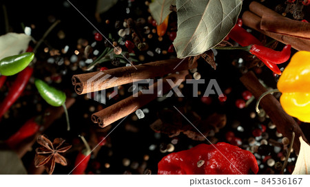 Freeze motion of flying various kinds of spices Freeze motion of flying various kinds of spices 84536167