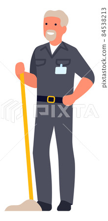 Man holding mop. Old janitor in uniform standing 84538213