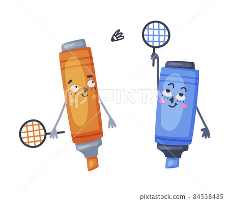 Funny Blue and Orange Highlighter as Office Supply Humanized Character Playing Badminton Vector Illustration 84538485