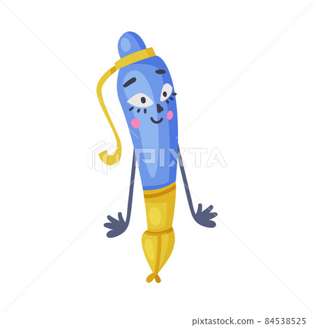 Funny Blue Ballpoint Pen as Office Supply Humanized Character Vector Illustration Funny Blue Ballpoint Pen as Office Supply Humanized Character Vector Illustration 84538525