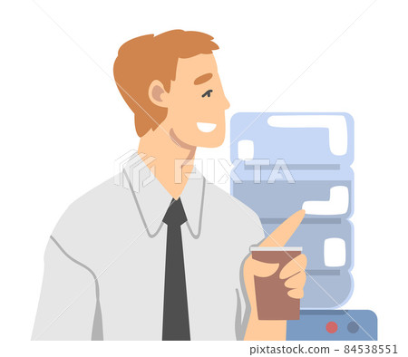 Smiling Office Employee with Coffee Cup at Lunch Time Having Day Routine Vector Illustration Smiling Office Employee with Coffee Cup at Lunch Time Having Day Routine Vector Illustration 84538551