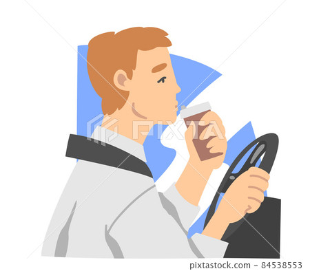 Office Employee with Coffee Cup Driving to Work as Day Routine Vector Illustration 84538553