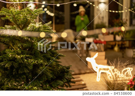 New Year's decorated backyard with Christmas tree and woman New Year's decorated backyard with Christmas tree and woman 84538600