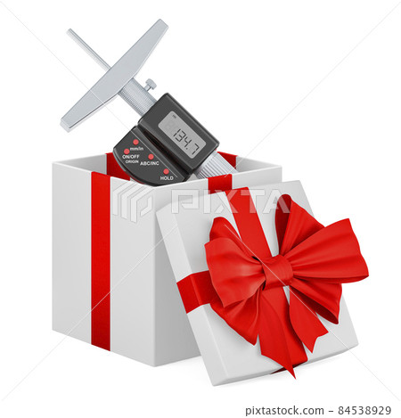 Digital depth micrometer inside gift box, present concept. 3D rendering 84538929