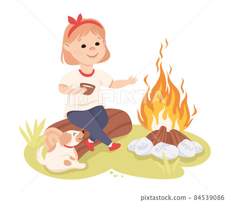 Little Girl Sitting on Log Near Campfire with Dog and Drinking Tea Vector Illustration 84539086