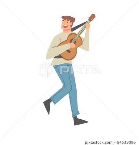 Smiling Man Character Musician Performing Music Playing Guitar and Singing Vector Illustration 84539096