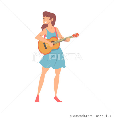 Smiling Woman Character Musician Performing Music Playing Guitar Vector Illustration 84539105