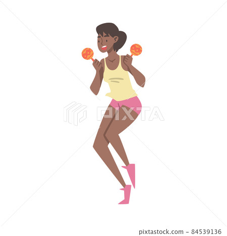 Smiling Woman Character Musician Performing Music Playing Maraca and Dancing Vector Illustration 84539136
