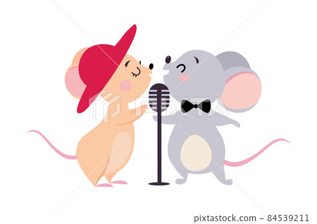 Funny Mouse Character in Hat and Bow Tie Singing in Microphone Performing Concert Vector Illustration 84539211
