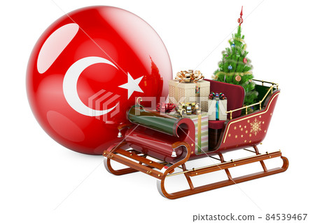 Christmas in Turkey, concept. Christmas Santa sleigh full of gifts with Turkish flag. 3D rendering Christmas in Turkey, concept. Christmas Santa sleigh full of gifts with Turkish flag. 3D rendering 84539467