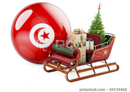 Christmas in Tunisia, concept. Christmas Santa sleigh full of gifts with Tunisian flag. 3D rendering Christmas in Tunisia, concept. Christmas Santa sleigh full of gifts with Tunisian flag. 3D rendering 84539468