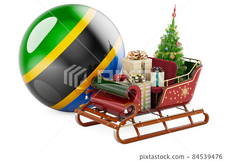 Christmas in Tanzania, concept. Christmas Santa sleigh full of gifts with Tanzanian flag. 3D rendering 84539476